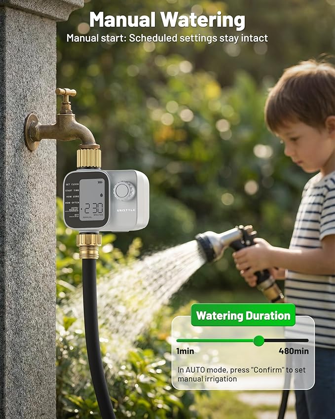 [All-New 2027] Sprinkler Timer with Brass Inlet, Unistyle Programmable Water Timer for Garden Hose, IP55 Waterproof Hose Timers with Manual and Automatic Irrigation Timers Yard Lawn Patio Heavy Duty
