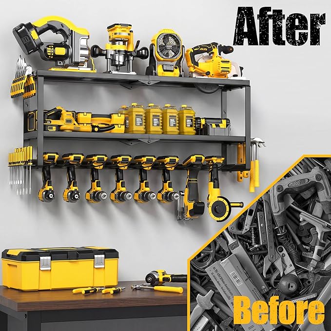 MOOMSINE Large Power Tool Organizer Wall Mount, Heavy Duty Metal Tool Storage Rack Loads 320lbs, 8 Cordless Drill Holder 3 Layer for Garage, Workshop, Tool Room, Gift for Men