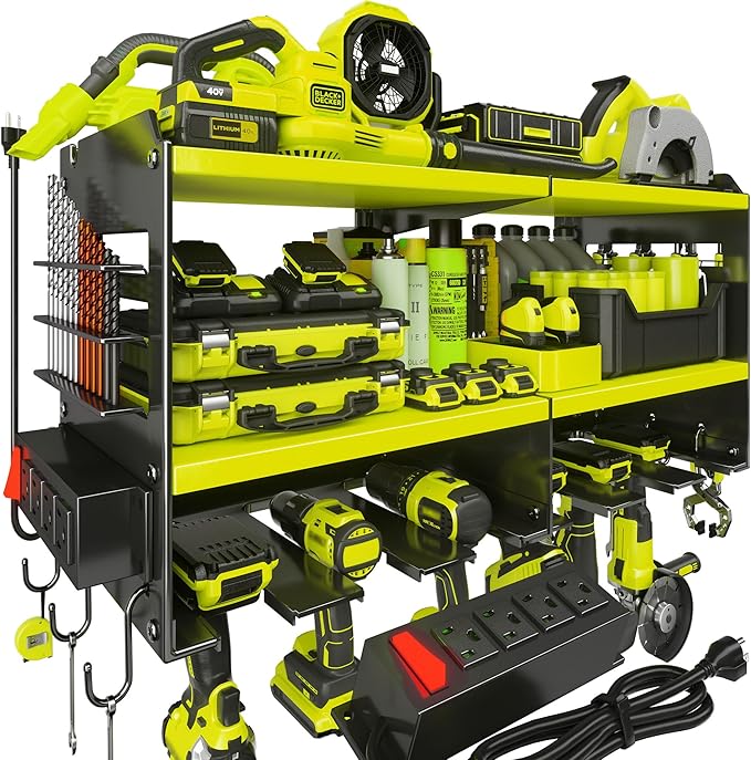 Spampur Power Tool Organizer, 15 Min Quick Assembly & Max 420lb Load by Heavy Duty Metal, 6 Slots for Cordless Drill with 4 Outlet Power Strip in Garage/Workshop/Suitable for Thanksgiving/Christmas