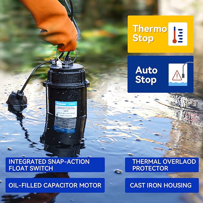 Acquaer Sewage Pump Submersible Water Pump with Automatic Float Switch, for Sump Basin, Residential Sewage, Black, 2'' NPT 1/2 HP 6000 GPH