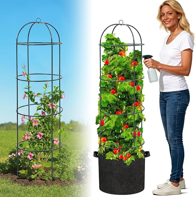 Large Trellis, Garden Obelisk Trellis for Climbing Plants Outdoor, 55" Metal Trellises for Tomato Cucumber Grape Clematis Rose Vine Support, 4-Tier Heavy Duty Fit 25-Gallon Container Raised Bed
