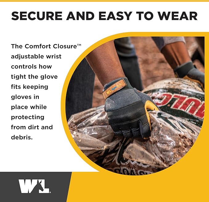 Wells Lamont Men's HydraHyde Work Gloves – Cowhide Leather, Reinforced Fingertips for Durability – Adjustable Velcro Wrist – Ideal for Gardening, Landscaping, Lawn Care – Navy - XXL