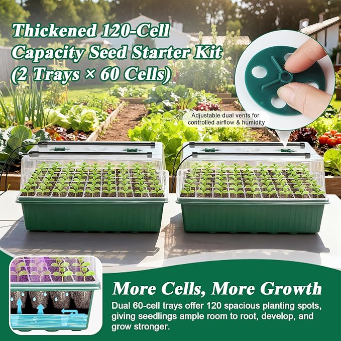 120 Cell Seed Starter Trays Self Watering with LED Grow Light – 2 Pack 60 Cells Seed Starting Kit with Humidity Domes, Tools & Labels for Indoor Gardening