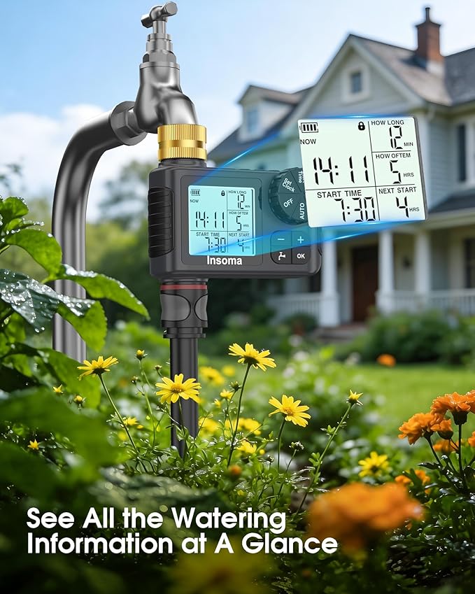 Sprinkler Timer with Brass Inlet & Outlet, Water Timer for Garden Hose with Auto/Manual/Rain Delay Mode, Easy Setup Hose Timers for Lawn, Garden, Vacation Watering,1 Outlet