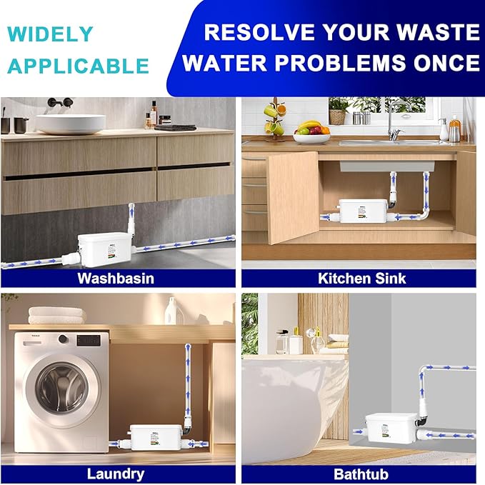 Macerator Pump, Silent 250W Sewage Sump Pump, 6000 L/h Flow, Upflush 26.3ft Head, IPX7, Utility Sink with 2 Inlets for Wastewater Disposal in Basement Shower Bathtub Laundry Kitchen RVs
