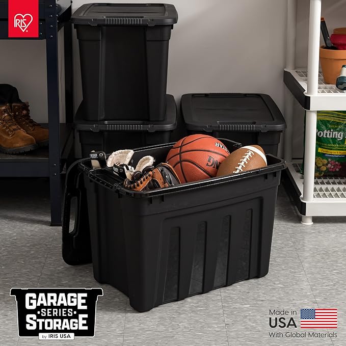 IRIS USA 20 Gallon Heavy Duty Storage Totes with Easy-Grip Handles, 4 Pack - Large Bins with Lids Garage Organizing Tubs, Durable Stackable Utility Containers, Made in USA - Black