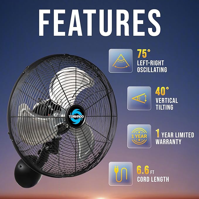 Tornado 2 Pack 16 Inch Pro Series Oscillating Wall Mount Fan -High Velocity Heavy Duty Metal Wall Mount Fan for Industrial, Commercial, Residential, and Greenhouse Use - UL Safety Listed