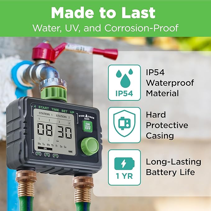 Pine Tree Tools Hose Timer - Programmable Water Timer for Garden, Automatic & Manual Watering System, Outdoor Faucet for Lawn, Garden & Yard, Battery Operated, 2 Outlet Hose Watering