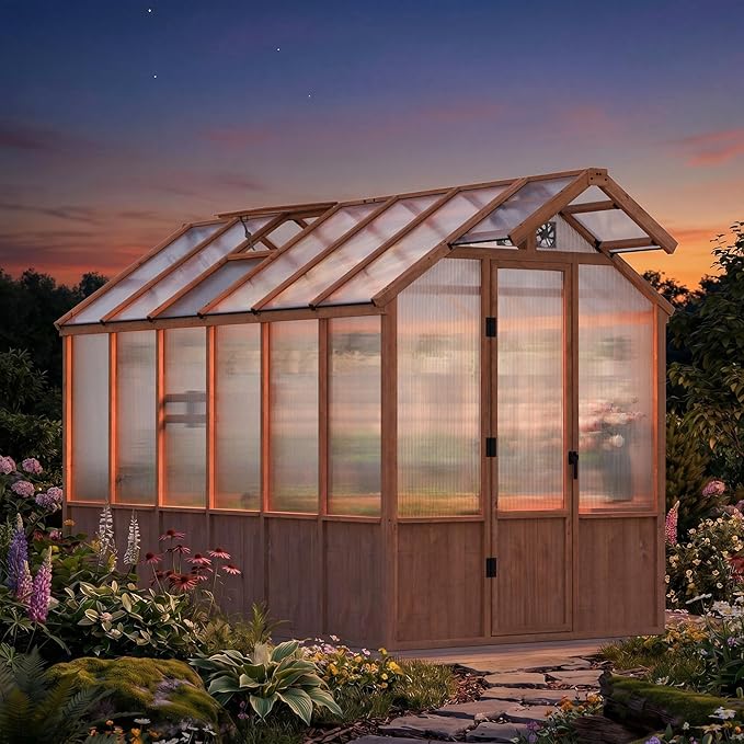 Modern Shade EverBloom 6.5'x12' Wooden Greenhouse, 8' Extra-Tall Cedar Wood Greenhouse with Built-in Outdoor Faucet Kit, Heavy Duty Greenhouse with Built-in Shelving, Power Strip & Ventilation System