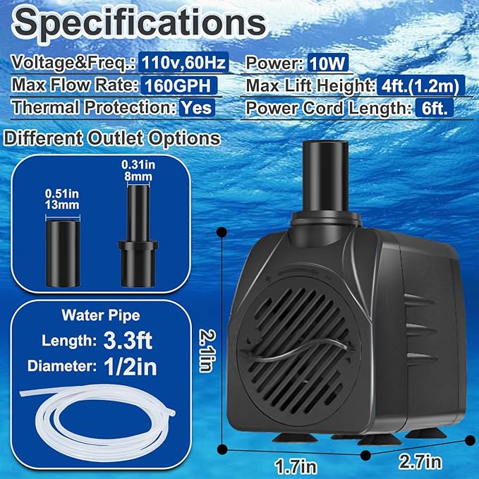 SongLong 160GPH(600L/H) 6ft Power Cord Submersible Pump, Water Pump with 4ft Lift for Fountains, Ponds, Aquariums & Hydroponics.