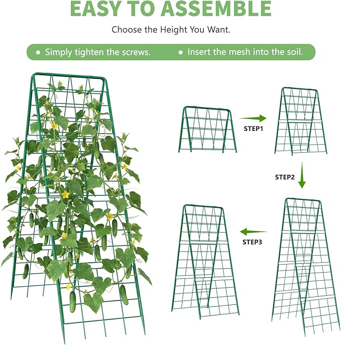DoCred Cucumber Trellis, 71" H 2 Pack Metal Foldable Upgraded A Frame Garden Trellis for Raised Bed Climbing Plants, Vegetables, Including Plant Support Clips, Twist Ties, Plastic Ties, Green
