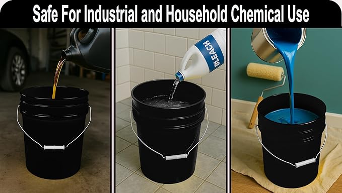 MKS Plastics 5-Gallon Bucket Only – No Lid Included, Made in USA, Food Grade BPA Free Plastic, Heavy Duty Multi-Use, Metal Handle with Grip, Stackable Storage – Black, 6 Pack