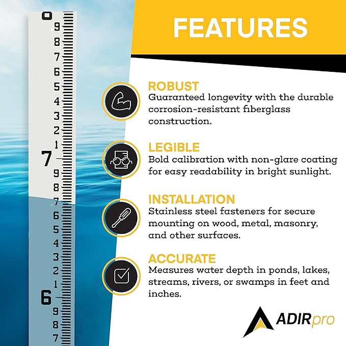 AdirPro 4" Wide Stream Gauge - Heavy Duty Gauge - All Weather Guage (100ths/10ths/feet) (4-8')