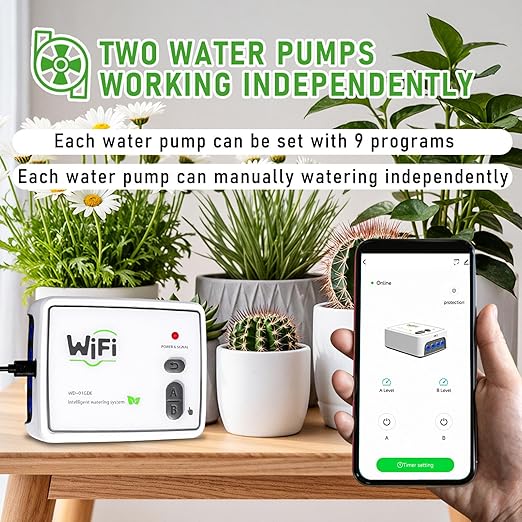 Fockety Automatic Drip Irrigation Kit, WiFi Dual Pump Smart Plant Watering System Remote Control Garden Irrigation Kit with Timer Adjustable Drippers for Office Patio Greenhouse (US Plug)
