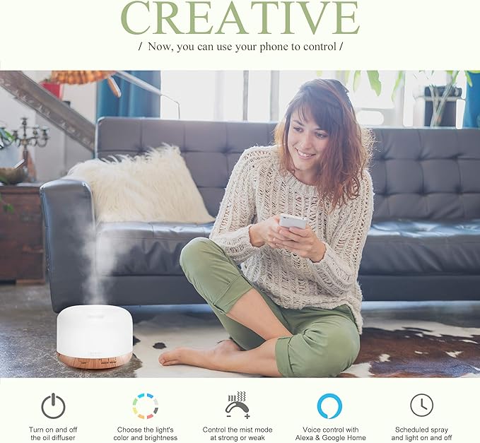 ASAKUKI Smart Wi-Fi Essential Oil Diffuser, App and Voice Control Compatible with Alexa, 500ml Aromatherapy Humidifier for Relaxing Atmosphere in Home Office Bedroom, Gift for Mom (Light Brown)