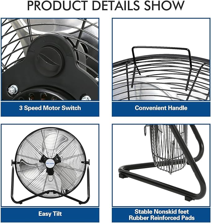 BILT HARD 4650 CFM 20" High Velocity Floor Fan, 3-Speed Heavy Duty Metal Fan with Wall-Mounting System, Industrial Shop Fan for Commercial, Garage, and Greenhouse