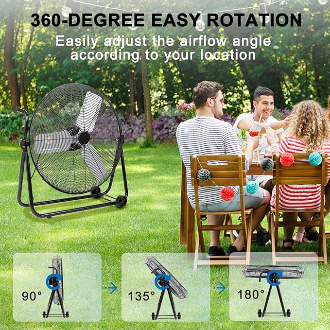 24 Inch High Velocity Industrial Fan 8500 CFM Heavy Duty Outdoor Fan 3-Speed 360 Degree Adjustable Tilt, Metal Floor Fans with Aluminum Blades for Workshop Patio Commercial Factory Garage, Black