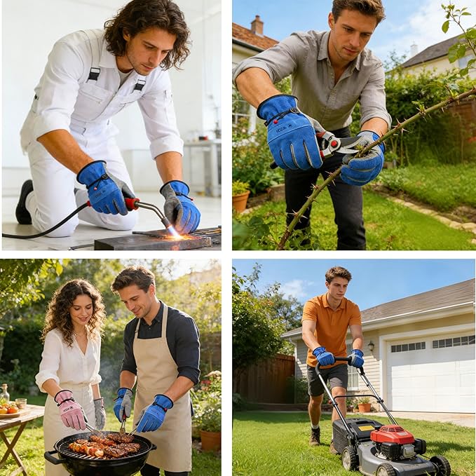 WZQH Leather Work Gloves for Men or Women. Large Glove for Gardening, Tig/Mig Welding, Construction, Chainsaw, Farm, Ranch, etc. Cowhide, Cotton Lined, Utility, Firm Grip, Durable. Blue-Grey L