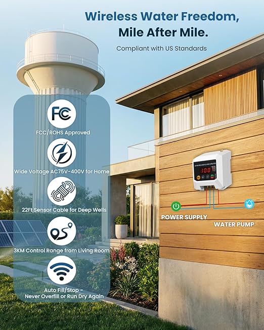 Smart Wireless Water Level Controller with LCD – Automatic Pump Control System | Solar-Powered Liquid Level Sensor with 22Ft Cable | Effortless 3000m Remote Control for Tank, Pool, Well & Irrigation