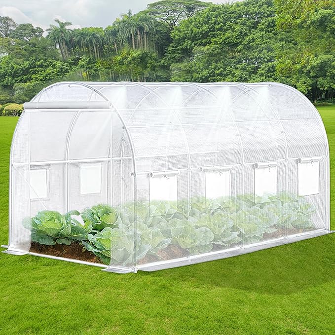 KANAGAWA 20'x10'x 7' Walk-in Tunnel Greenhouse with Watering System Heavy Duty Portable Green House Protect Gardening Plants 1 Zipper Mesh Door, 8 Roll-up Windows, Thickened galvanised Steel,White