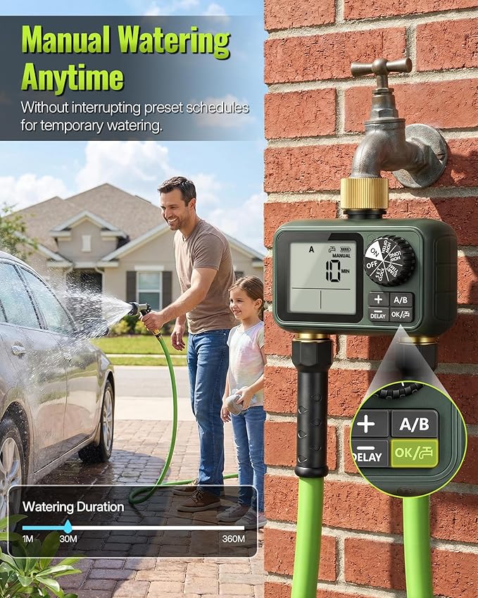 Brass Sprinkler Timer with Swivel, Programmable Water Timer for Garden Hose with Auto/Manual/Rain Delay Watering, Digital Irrigation System Kit,for Garden, Yard, Lawn 2 Outlet F12WT06