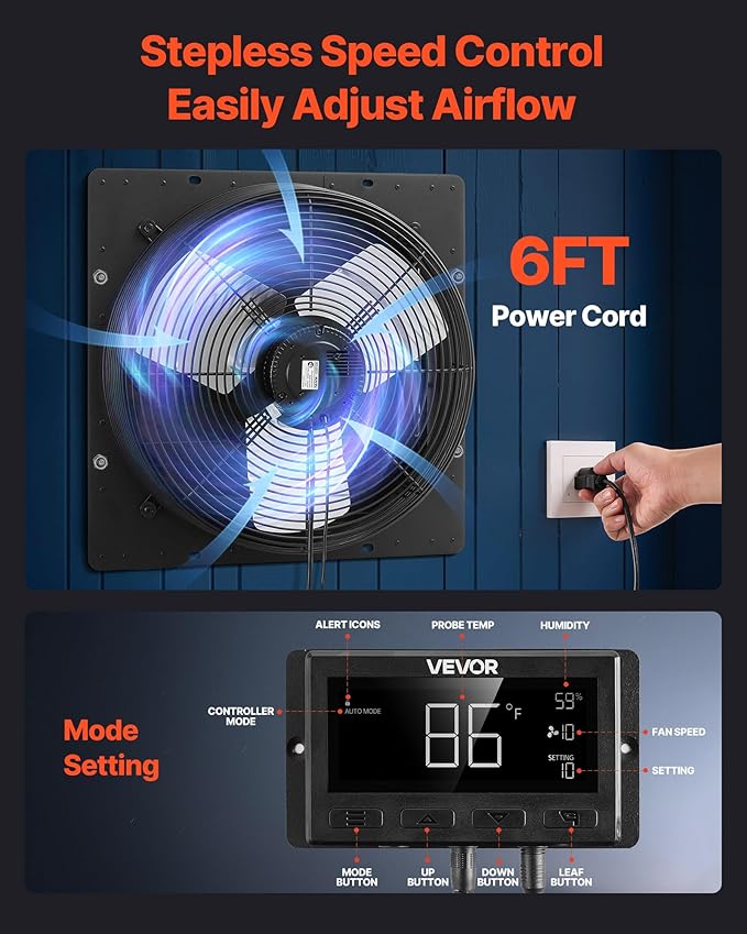 VEVOR 16 inch Exhaust Fan, Wall Mounted Attic Fan with Variable Speed, Temperature & Humidity Controller, 3000 CFM, Automatic Shutter