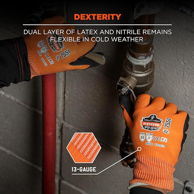 Ergodyne ProFlex 7551 Waterproof Winter Work Gloves, Cut Resistant ANSI A5, Sandy Nitrile Coated Palms, Thermal Fleece Lining, Orange