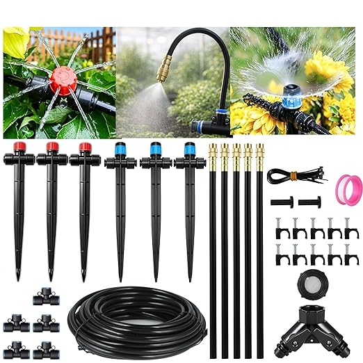 50FT Drip Irrigation System for Garden: Quick Connect PE Tubing Automatic Water Sprinkler Kit Adjustable Misting Part 1/4" Watering Hose for Outdoor Raised Bed Plants Flower Yard Greenhouse