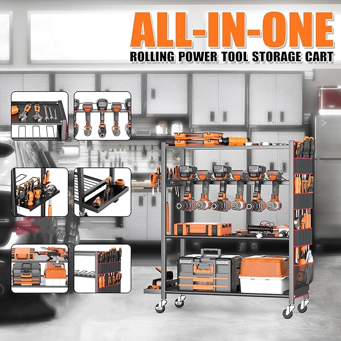 TORACK Rolling Power Tool Storage Cart, 4-Tier Large Drill Organizer with Slots for 12 Drills, Freestanding Cordless Tool Rack with Wheels for Garage & Workshop