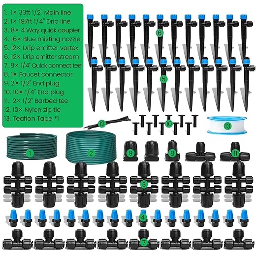 Bluepro 230FT Drip Irrigation System, Quick-Connect Automatic Garden Watering Misting System for Greenhouse, Yard, Lawn with 1/2 inch Hose, 1/4 inch Distribution Tubing, Drip Emitters, Connectors