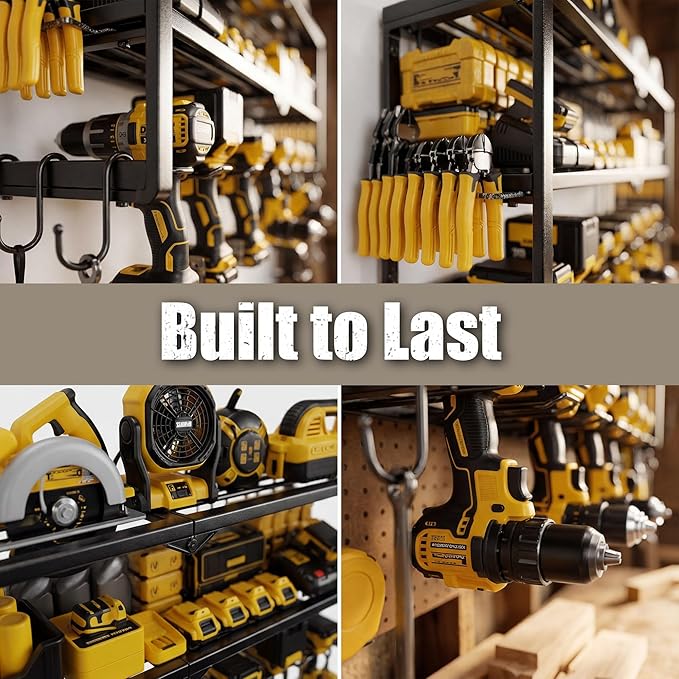 Heavy Duty Power Tool Organizer for Wall Mount Garage Storage – 320 lbs Capacity, 3-Tier Iron Wire Rack with 8 Drill Slots, Shelf for Battery Charging Station – Gift for Dad Handyman