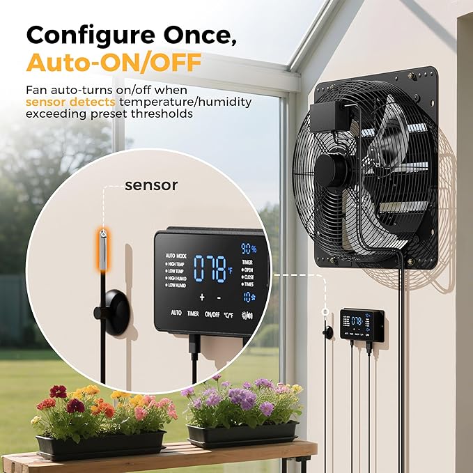 CAMMOO 16 Inch EC Motor Shutter Exhaust Fan, 6 Inch Large Touchscreen Controller for Temp Humidity and Speed Control, 10-Speed Wall Mount Fan for Attic, Greenhouse, Garage, Chicken Coop Ventilation