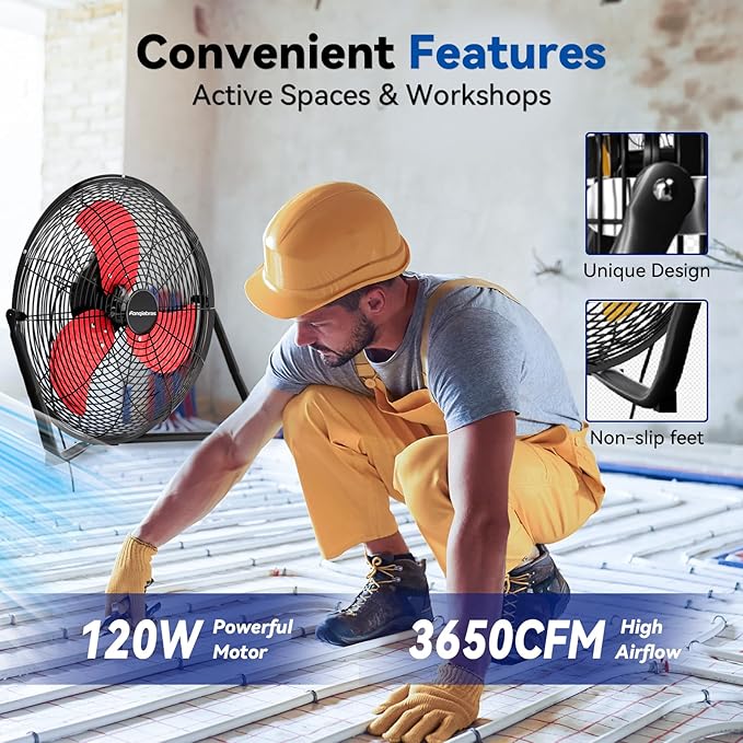 18" High Velocity Floor Fan, 3800 CFM Heavy Duty Industrial Floor Fan, 3 Speed, 360 Degree Tilt, Wall Mounted & Floor Design for Warehouse, Basement, Factory, Barn, Garage - UL Safety Listed