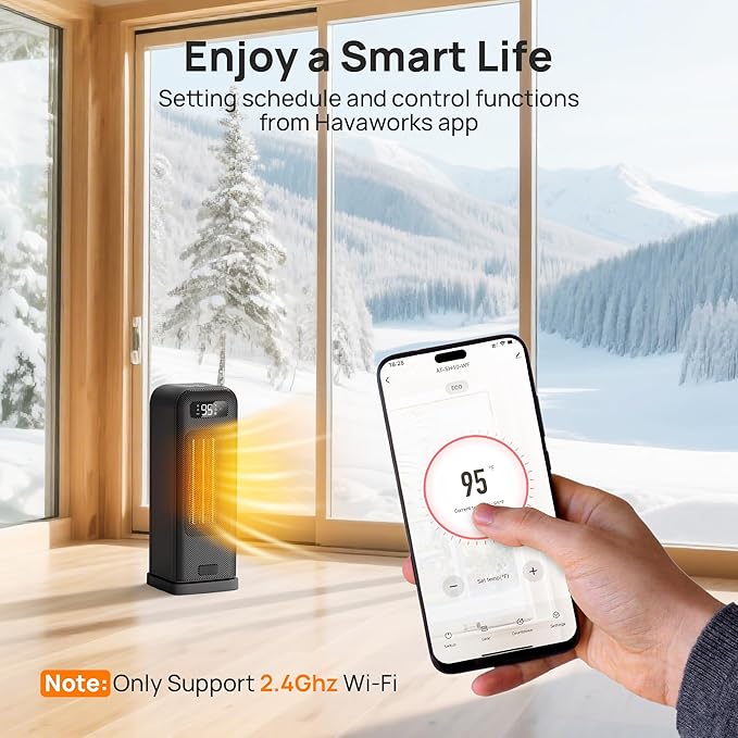 FLANUR Space Heaters for Indoor Use, Smart Portable Electric Heater with Thermostat, WiFi and Voice Control, 12H Timer, 4 Modes, 36dB 1500W PTC Ceramic Safety Heat for Office Bedroom Home 1Pack Black