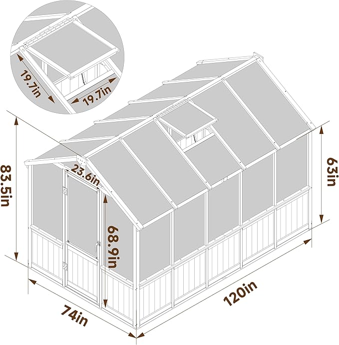Yardenaler 6x10 FT Green House for Outdoor, 6MM Thick Polycarbonate Panel Wooden Walk-in Greenhouse Kit with Lockable Door and Adjustable Roof Vent, Backyard Garden, Light Mocha Brown