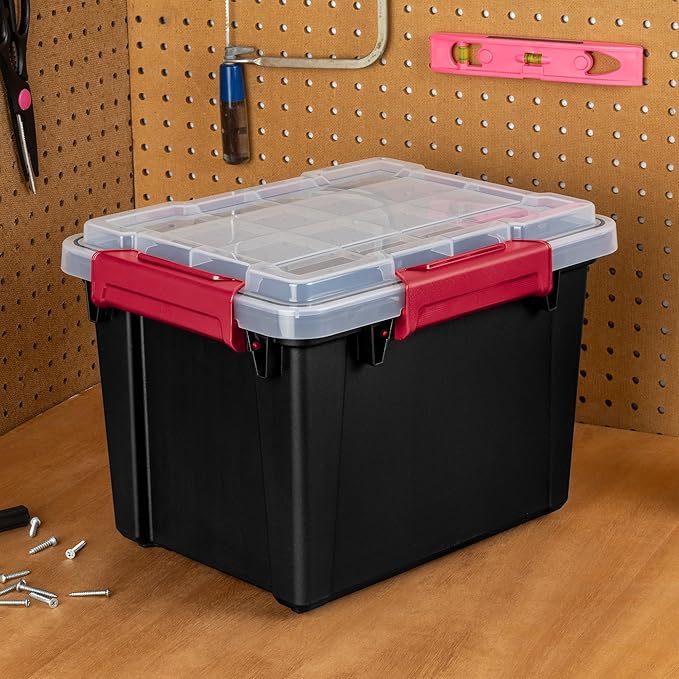 Sterilite 18 Pack 5 Gallon Gasket Box, Stackable Plastic Storage Container with Lids, Black - Waterproof and Dustproof Tote for Home Organization