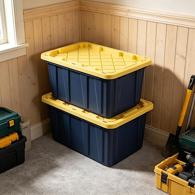 4 Pack 17 Gallon Heavy Duty Storage Bins with Lids, Industrial Stackable Lockable Nestable Plastic Totes Storage Containers for Garage, Moving, Home & Office Organization, Black & Yellow