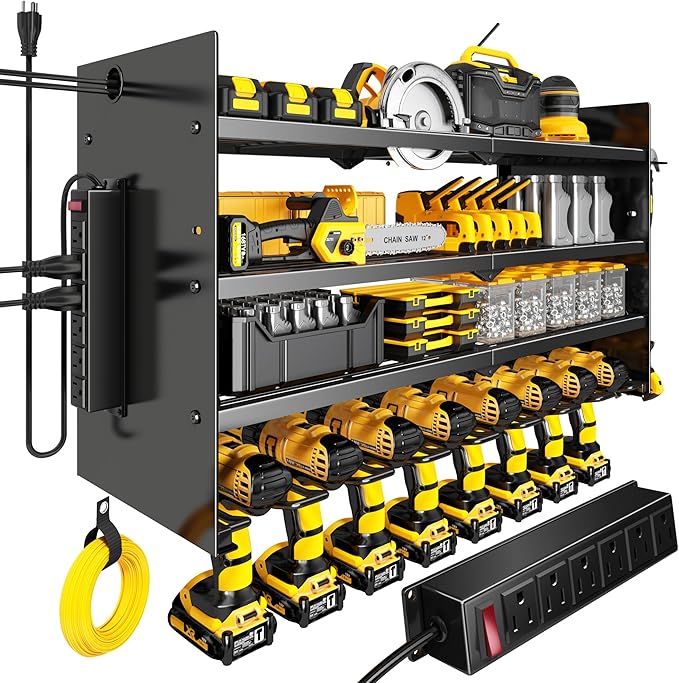 Hipidian Heavy Duty Adjustable Power Tool Organizer Wall Mount with Charging Station - 650lb Capacity 4 Layer Storage Rack with 8 Drill Holders for Garage Workshop Tools, Gifts for Men