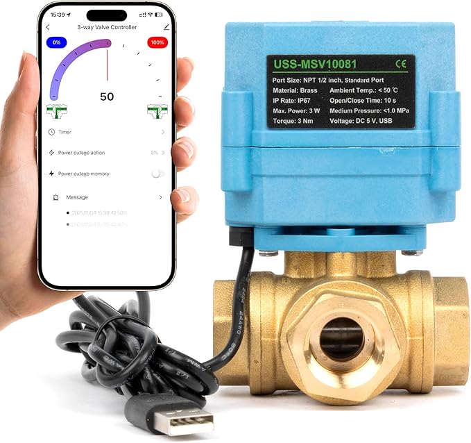 U.S. Solid WiFi Smart Motorized Ball Valve 1/2 inch NPT for Water Control & Irrigation, 3 Way Brass Electric Valve, USB Powered, LED Status Indicator, Flow Direction Window, Remote On/Off Control