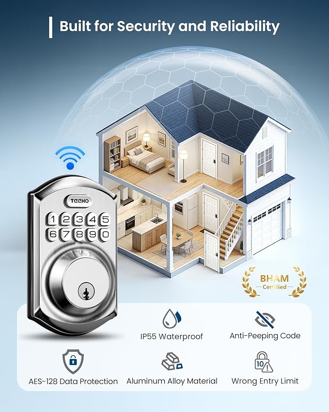 TEEHO TE011W Wi-Fi Keyless Entry Door Lock with Keypad - Smart Deadbolt Lock for Front Door with 2 Keys - Remote Control, Works with Alexa & Google, APP Unlock - Easy Installation - Satin Nickel