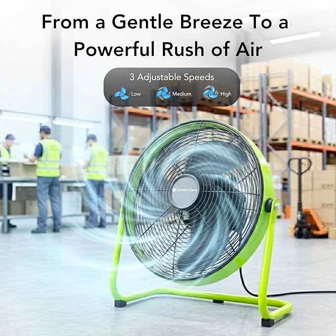 Comfort Zone 18-Inch High-Velocity Industrial Floor Fan, Heavy-Duty 3-Speed Metal Shop Fan with 180° Adjustable Tilt & Carry Handle, Quiet Vibration-Free Cooling for Garage, Workshop, & Home