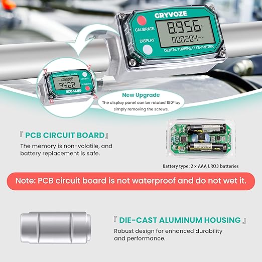 3/4 Inch Water & Fuel Flow Meter with 3/4 Inch Swivel 360 Connector, for 0.8-13.2 GPM Inline NPT Thread ±1% Accuracy Flowmeter for Diesel, Gas Oil, Gasoline, and Other Liquids