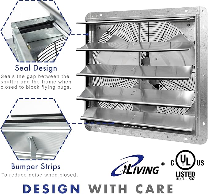 iLiving New Upgraded 20" Wall Mounted Exhaust Fan - Automatic Shutter - Variable Speed - Vent Fan For Home, Attic, Shed, or Garage Ventilation, 115V, 2.2A, Silver