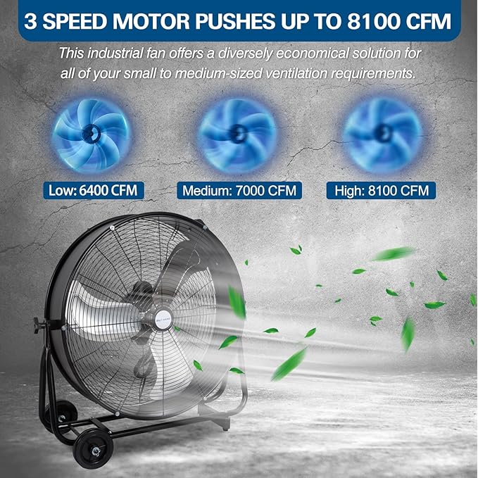 BILT HARD 24" 8100 CFM High Velocity Industrial Drum Fan, 3 Speed Heavy Duty Tilt Metal Shop Fan, Ideal for Garage, Warehouse Factory and Commercial Use, Black