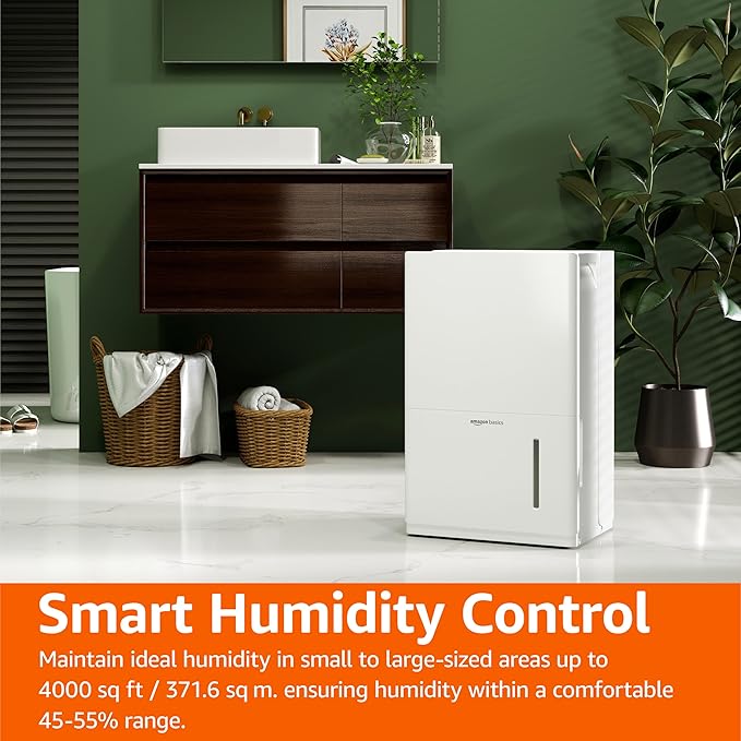 Amazon Basics 50-Pint Large Dehumidifier with Humidity Control, Timer, Auto-Defrost, Overflow Protection, Washable Filter for Rooms up to 4000 SFT, White