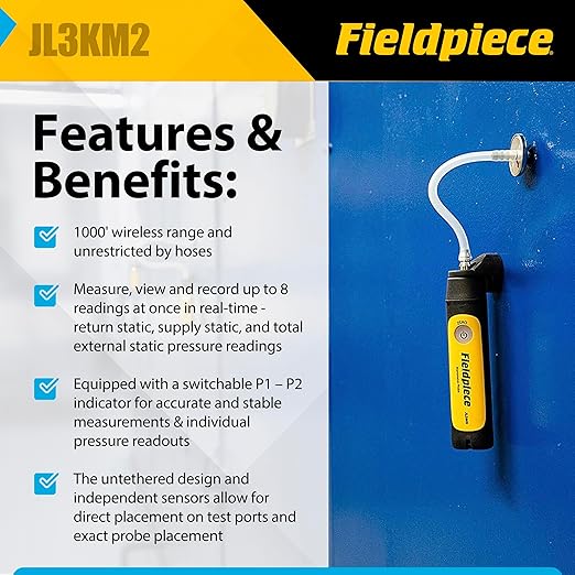 Fieldpiece - Job Link System Dual Port Manometer Probe Kit - JL3KM2 - Long Range Wireless All-in-One Static, Gas and Draft Pressure Gauge - HVAC Tools