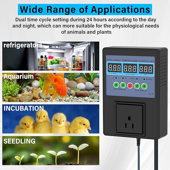 TempMaster Digital Temperature Controller Outlet,Heating & Cooling Thermostat with Dual Relay 15A 3300W,-20~120℉ Incubator Thermostat with Waterproof Probe,Temperature Control Switch for Reptile Tank