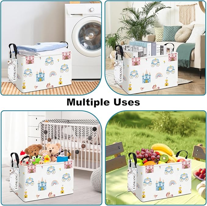 FANKANG Storage Bins, Nursery Hamper Canvas Laundry Basket Foldable with Waterproof PE Coating Large Storage Baskets for Kids Boys and Girls, Office, Bedroom, Clothes,Toys(Rec-castle carriage ）