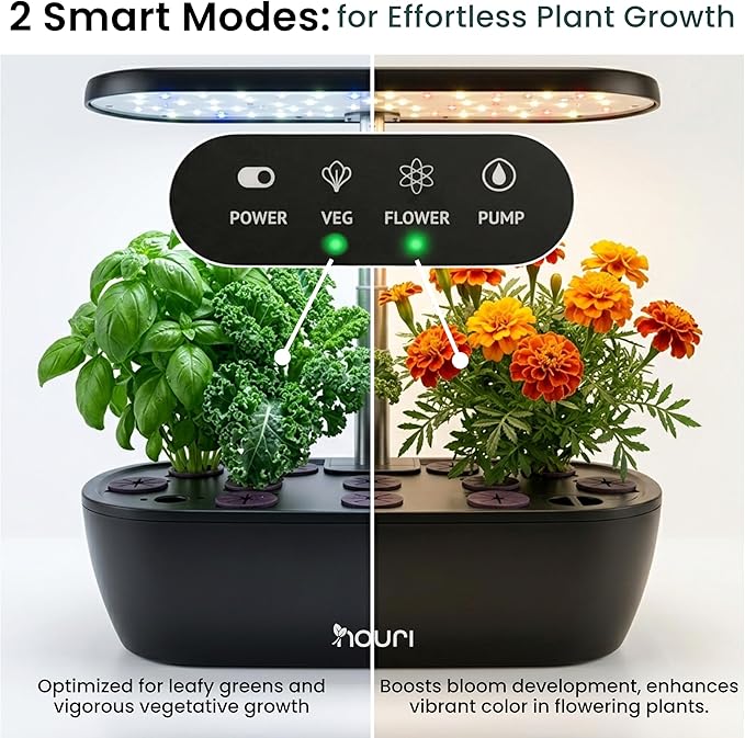 Nouri Hydroponics Growing System, 12 pod Smart Indoor Herb Garden Kit with LED Grow Lights, Hydroponic Herb Garden Indoor for Plant Lovers, Gardeners, Kitchen, Lettuce Seeds Included