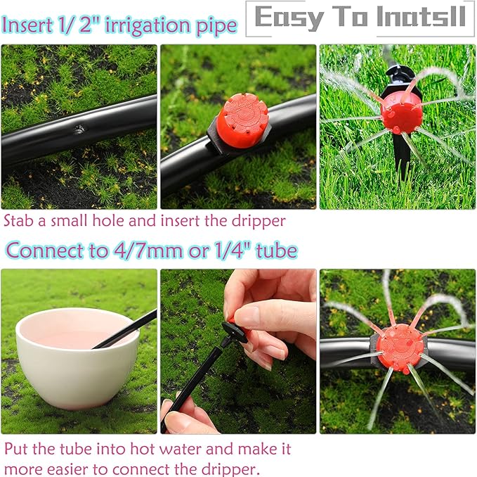 Honoson 30 Pack 1/2 Inch Irrigation Tubing Hold Down Anchor Stakes, 0.87 x 4.33 Inch Drip Tubing Stakes with 50 Pcs 1/4" Adjustable Irrigation Drippers Sprinklers for Garden Patio Lawn Hoses(Red)